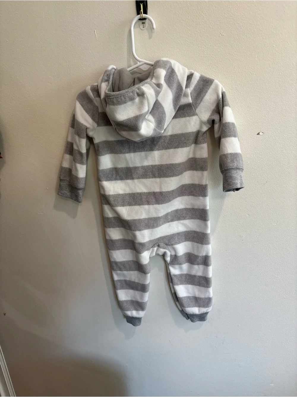 Carters 12 month fleece winter Gray & White Striped Bear Hooded One-Piece